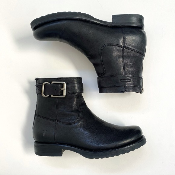 FRYE Veronica black leather silver buckle top detail flat short ankle boots - Picture 2 of 11